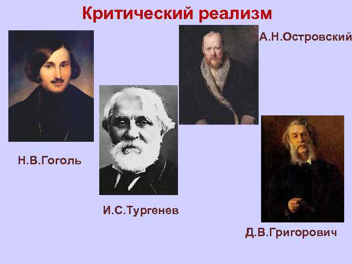 Критический реализм А. Н. Островский Н. В. Гоголь И. С. Тургенев Д. В. Григорович