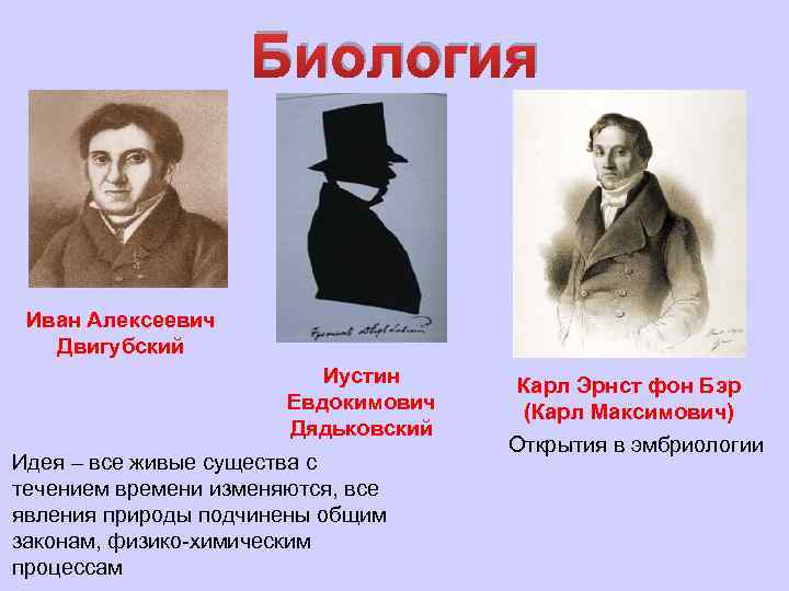 Биология Иван Алексеевич Двигубский Иустин Евдокимович Дядьковский Идея – все живые существа с течением
