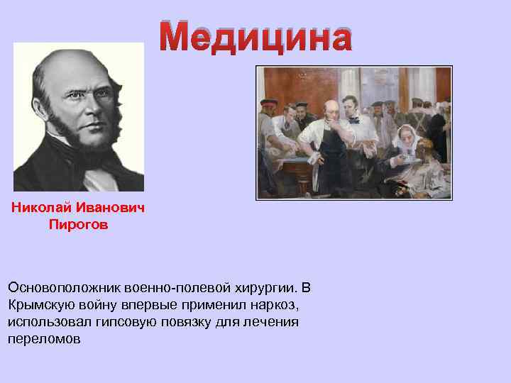 Медицина Николай Иванович Пирогов Основоположник военно-полевой хирургии. В Крымскую войну впервые применил наркоз, использовал