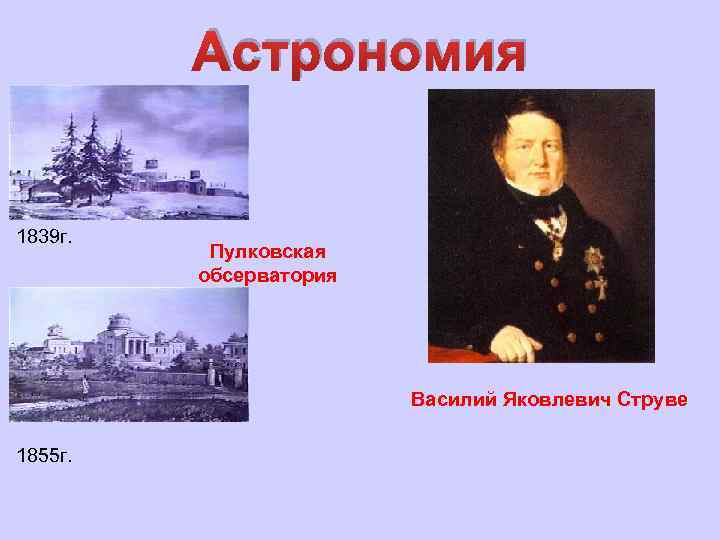 Астрономия 1839 г. Пулковская обсерватория Василий Яковлевич Струве 1855 г. 