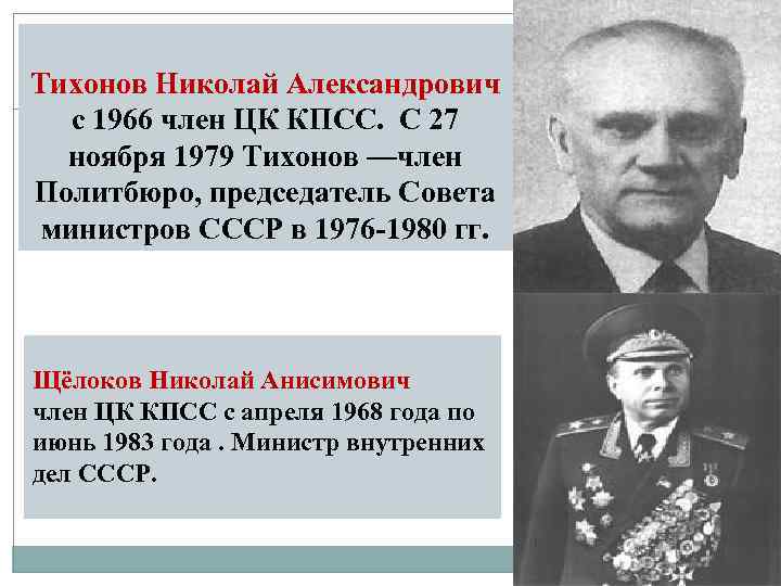 Тихонов Николай Александрович с 1966 член ЦК КПСС. С 27 ноября 1979 Тихонов —член