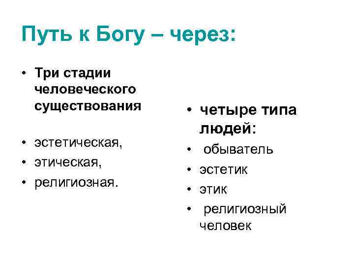 Путь к Богу – через: • Три стадии человеческого существования • эстетическая, • этическая,