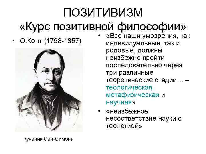 ПОЗИТИВИЗМ «Курс позитивной философии» • О. Конт (1798 -1857) • ученик Сен-Симона • «Все