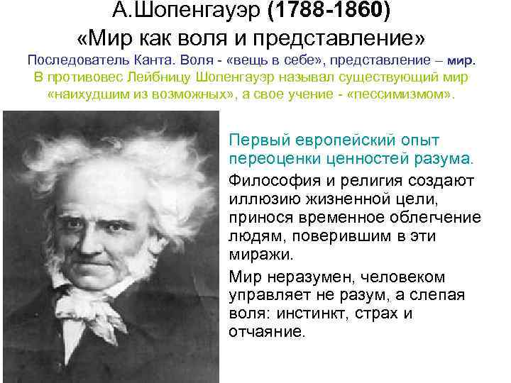 А. Шопенгауэр (1788 -1860) «Мир как воля и представление» Последователь Канта. Воля - «вещь