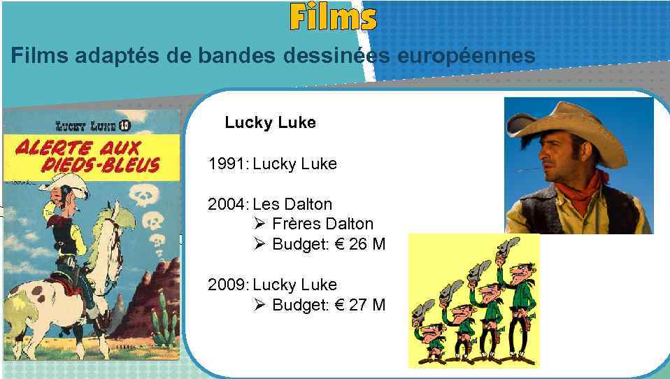 Films adaptés de bandes dessinées européennes Lucky Luke 1991: Lucky Luke 2004: Les Dalton
