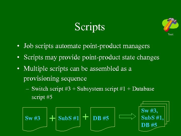 Scripts Tool • Job scripts automate point-product managers • Scripts may provide point-product state