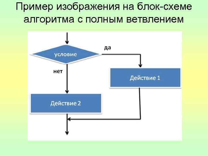 Пример изображения на блок-схеме алгоритма с полным ветвлением 