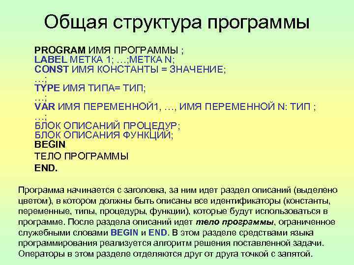 Общая структура программы PROGRAM ИМЯ ПРОГРАММЫ ; LABEL МЕТКА 1; …; МЕТКА N; CONST