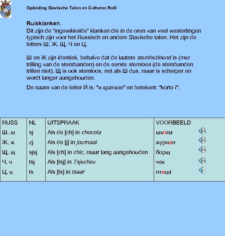 Opleiding Slavische Talen en Culturen Ru. G Ruisklanken. Dit zijn de “ingewikkelde” klanken die