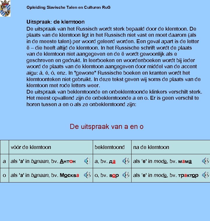 Opleiding Slavische Talen en Culturen Ru. G Uitspraak: de klemtoon De uitspraak van het