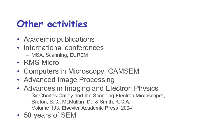 Other activities • Academic publications • International conferences – MSA, Scanning, EUREM • •