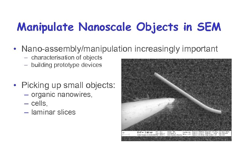 Manipulate Nanoscale Objects in SEM • Nano-assembly/manipulation increasingly important – characterisation of objects –