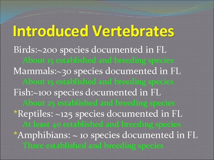 Introduced Vertebrates Birds: ~200 species documented in FL About 15 established and breeding species