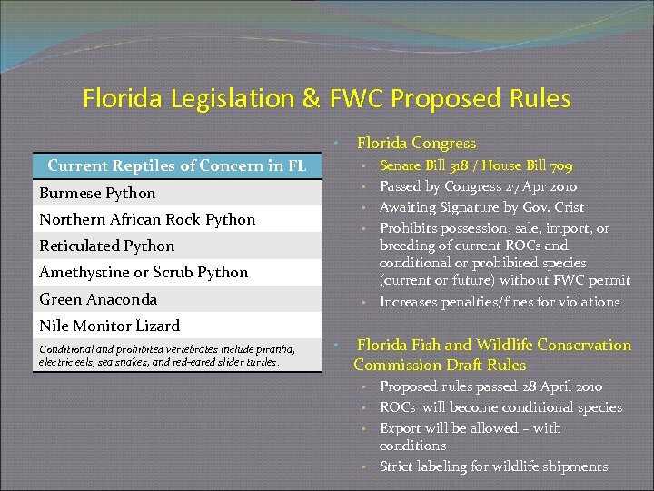 Florida Legislation & FWC Proposed Rules • Current Reptiles of Concern in FL •