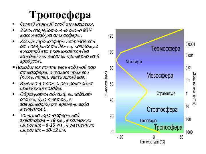 Тропосфера Самый нижний слой атмосферы. Здесь сосредоточено около 80% массы воздуха атмосферы. • Воздух