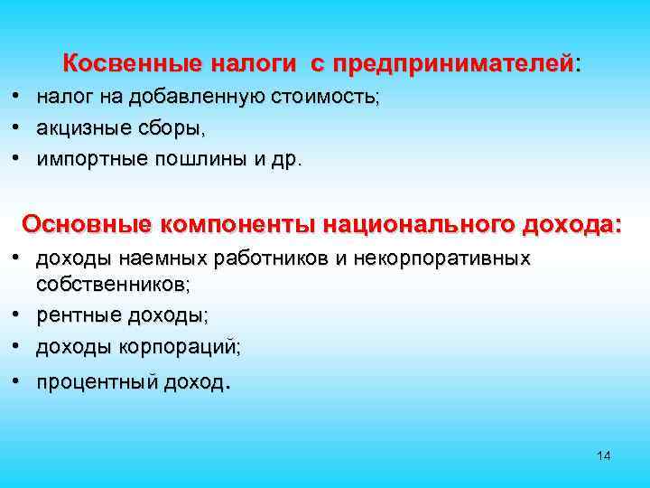 Косвенные налоги с предпринимателей: • • • налог на добавленную стоимость; акцизные сборы, импортные