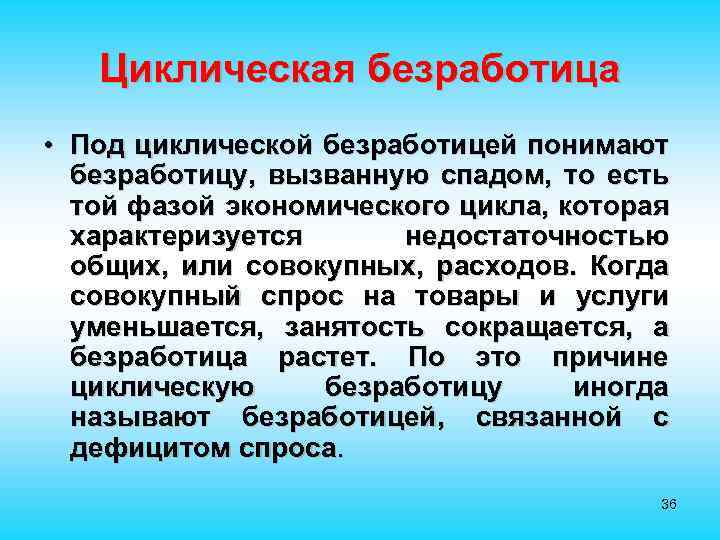 Циклическая безработица • Под циклической безработицей понимают безработицу, вызванную спадом, то есть той фазой