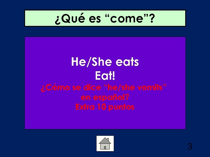 ¿Qué es “come”? He/She eats Eat! ¿Cómo se dice “he/she vomits” en español? Extra