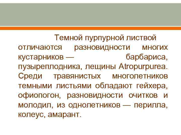 Темной пурпурной листвой отличаются разновидности многих кустарников — барбариса, пузыреплодника, лещины Atropurpurea. Среди травянистых