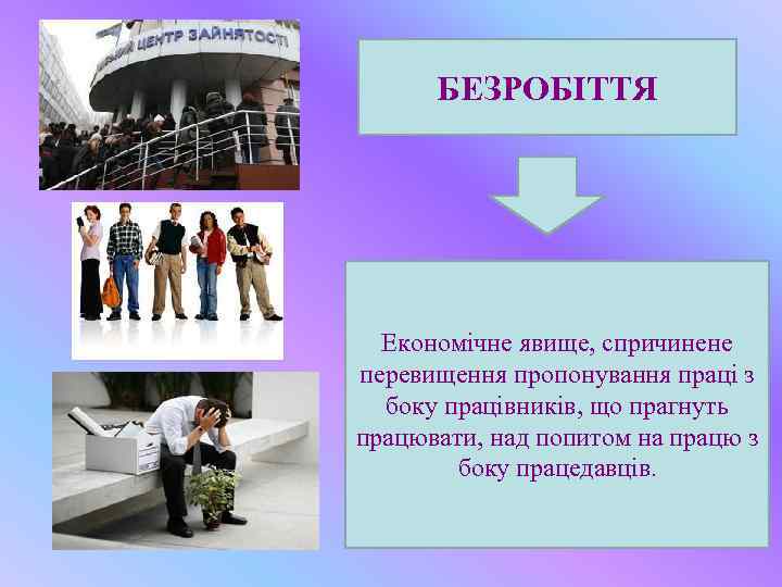 БЕЗРОБІТТЯ Економічне явище, спричинене перевищення пропонування праці з боку працівників, що прагнуть працювати, над