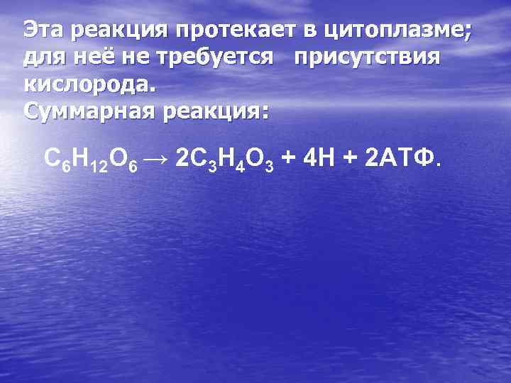 Эта реакция протекает в цитоплазме; для неё не требуется присутствия кислорода. Суммарная реакция: C