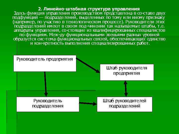 2. Линейно-штабная структура управления Здесь функция управления производством представлена в со ставе двух подфункций