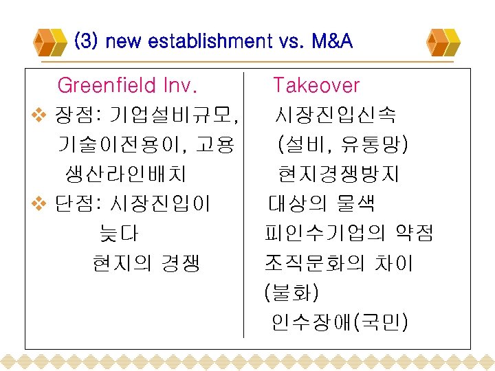 (3) new establishment vs. M&A Greenfield Inv. v 장점: 기업설비규모, 기술이전용이, 고용 생산라인배치 v
