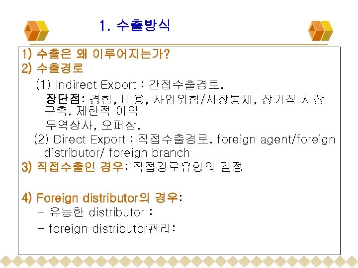 1. 수출방식 1) 수출은 왜 이루어지는가? 2) 수출경로 (1) Indirect Export : 간접수출경로. 장단점: