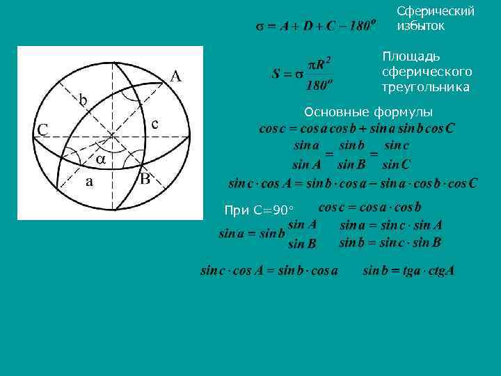 Сферический избыток Площадь сферического треугольника Основные формулы При С=90 