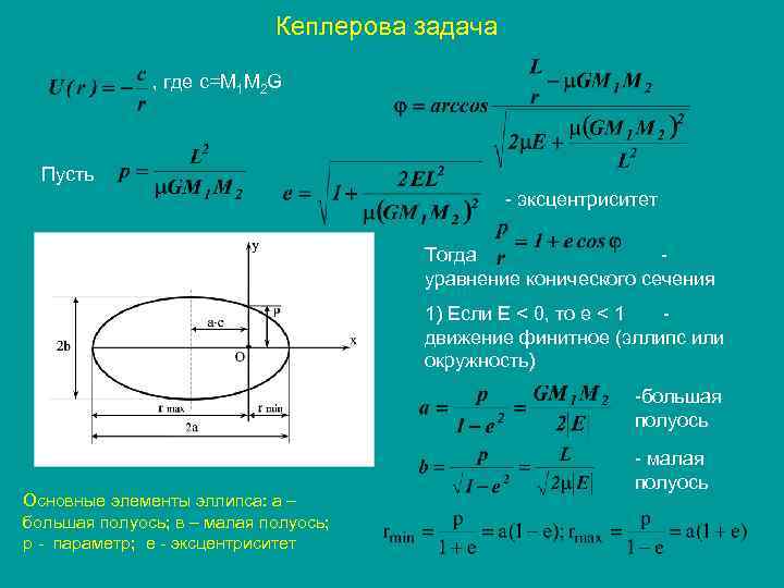 Кеплерова задача , где с=М 1 М 2 G Пусть - эксцентриситет Тогда -