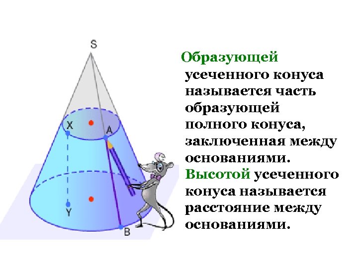 Образующей усеченного конуса называется часть образующей полного конуса, заключенная между основаниями. Высотой усеченного конуса