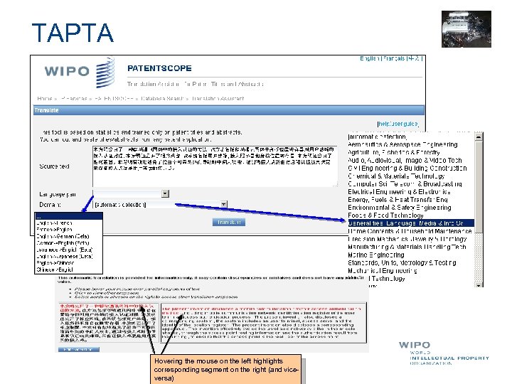 TAPTA Hovering the mouse on the left highlights corresponding segment on the right (and