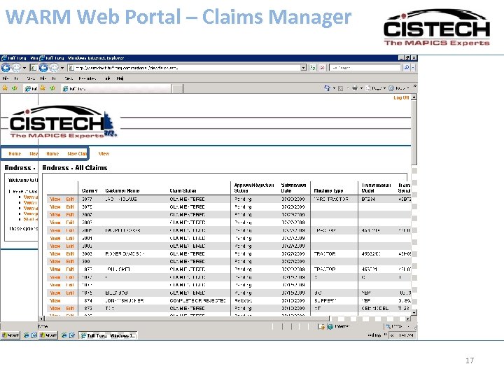 WARM Web Portal – Claims Manager 17 