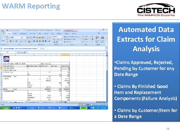 WARM Reporting Automated Data Extracts for Claim Analysis • Claims Approved, Rejected, Pending by