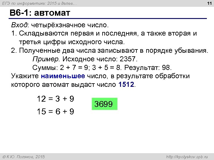 11 ЕГЭ по информатике: 2015 и далее… B 6 -1: автомат Вход: четырёхзначное число.