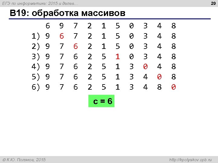29 ЕГЭ по информатике: 2015 и далее… B 19: обработка массивов 1) 2) 3)