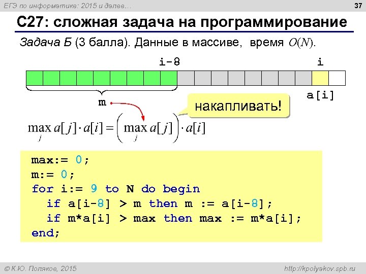 37 ЕГЭ по информатике: 2015 и далее… С 27: сложная задача на программирование Задача