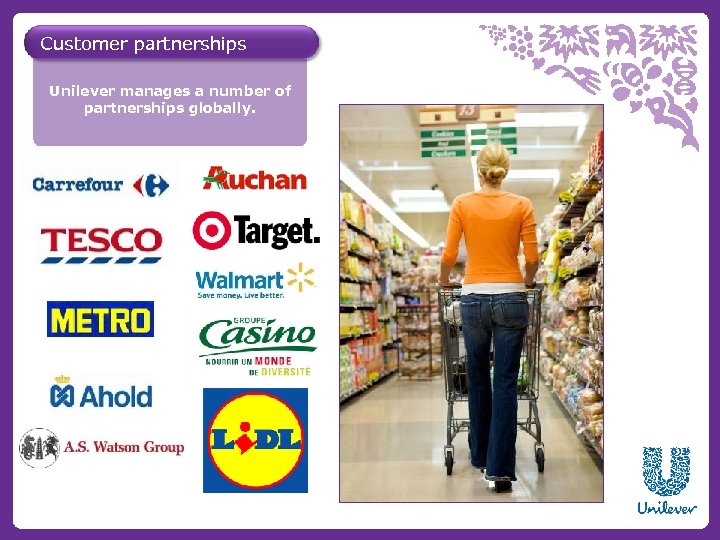 Customer partnerships Unilever manages a number of partnerships globally. 