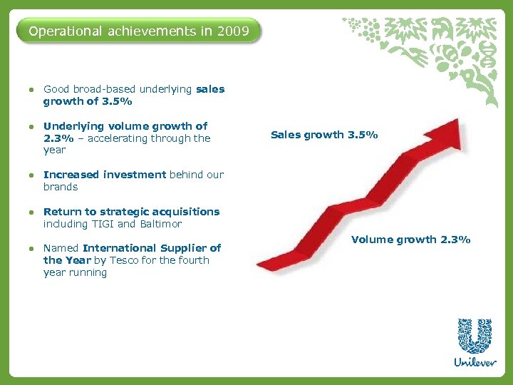 Operational achievements in 2009 ● Good broad-based underlying sales growth of 3. 5% ●