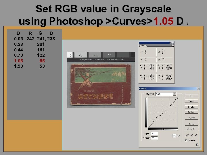 Set RGB value in Grayscale using Photoshop >Curves>1. 05 D D R G B