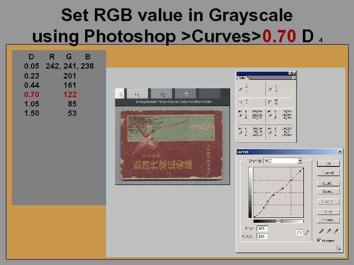 Set RGB value in Grayscale using Photoshop >Curves>0. 70 D D R G B