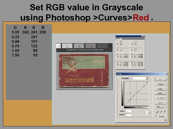 Set RGB value in Grayscale using Photoshop >Curves>Red D R G B 0. 05