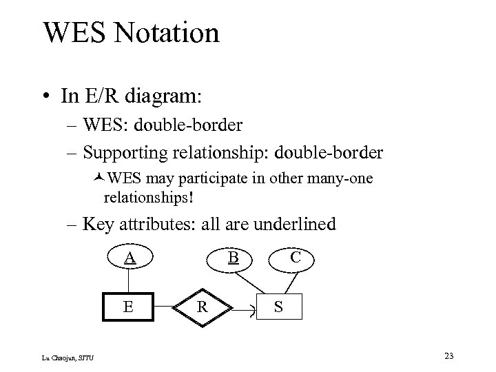 WES Notation • In E/R diagram: – WES: double-border – Supporting relationship: double-border ©WES