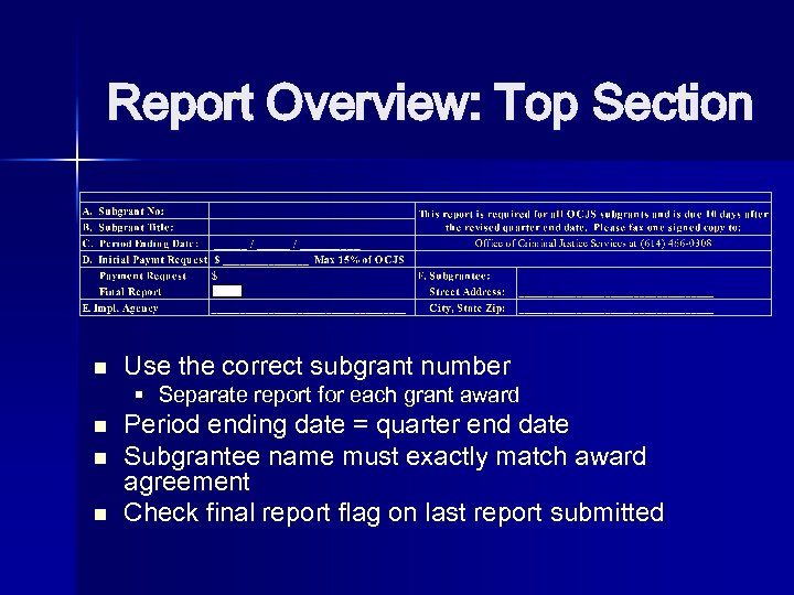 Report Overview: Top Section n n Use the correct subgrant number § Separate report