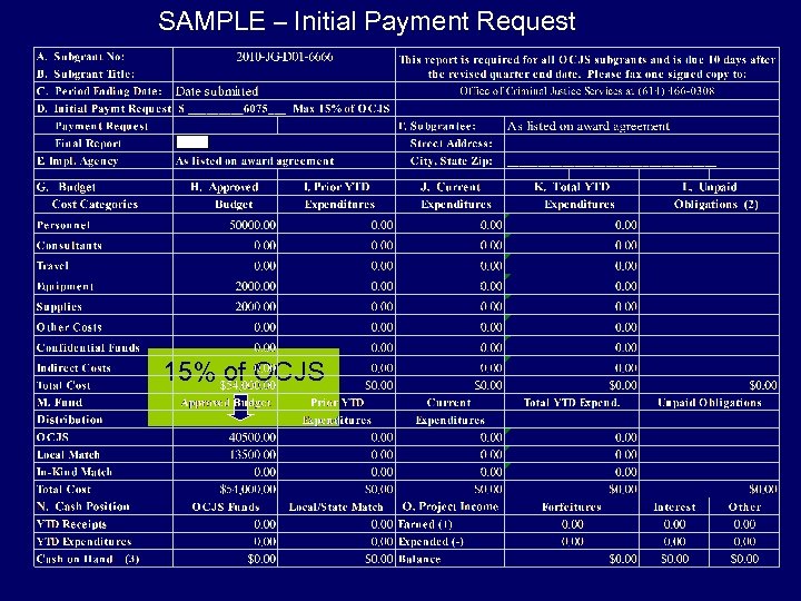 SAMPLE – Initial Payment Request 15% of OCJS 