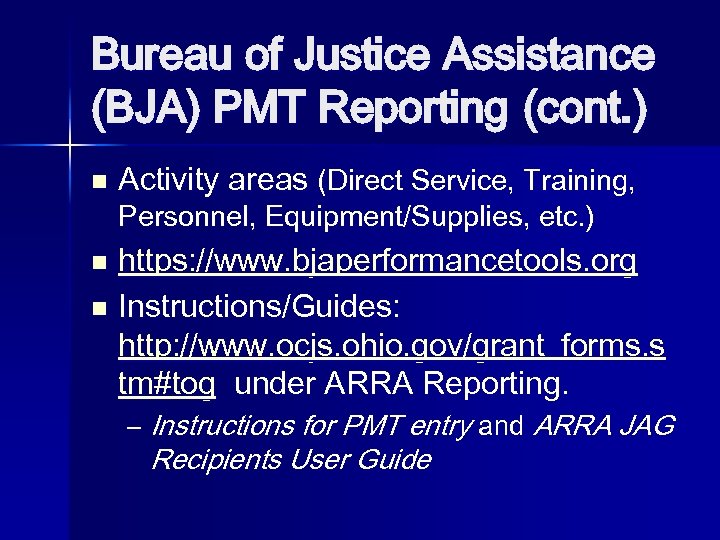 Bureau of Justice Assistance (BJA) PMT Reporting (cont. ) n Activity areas (Direct Service,