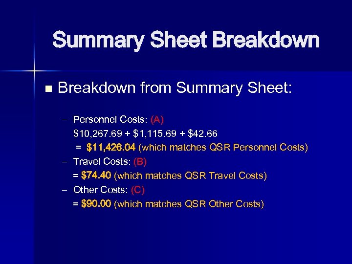 Summary Sheet Breakdown n Breakdown from Summary Sheet: – Personnel Costs: (A) $10, 267.