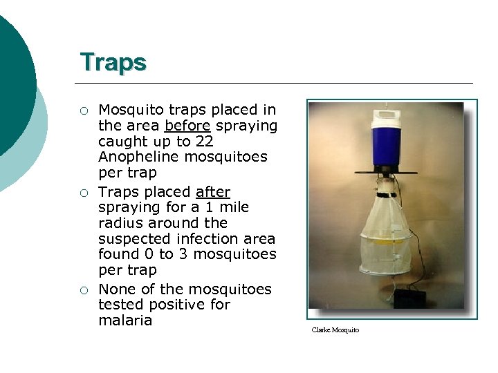 Traps ¡ ¡ ¡ Mosquito traps placed in the area before spraying caught up