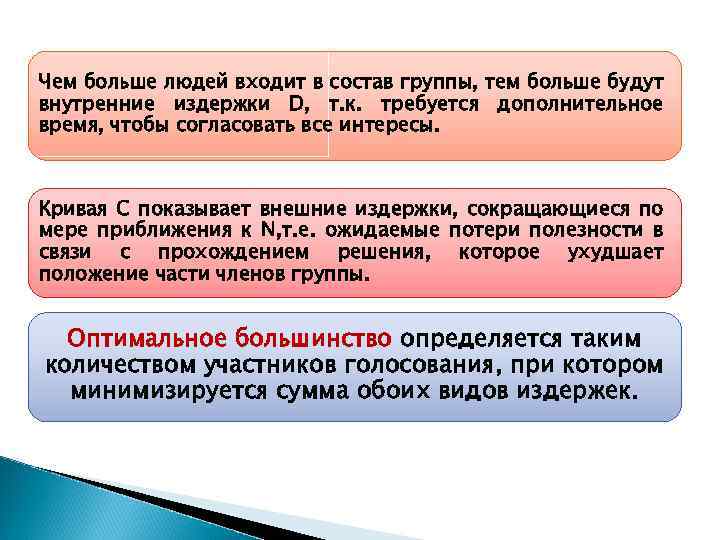 Чем больше людей входит в состав группы, тем больше будут внутренние издержки D, т.