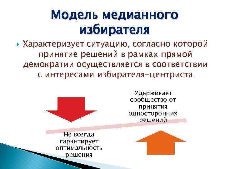 Модель медианного избирателя Характеризует ситуацию, согласно которой принятие решений в рамках прямой демократии осуществляется